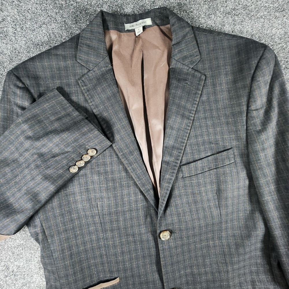 Johnston & Murphy Blazer Mens S Grey Plaid Brown Elbow Patches Sport Coat - Picture 4 of 14